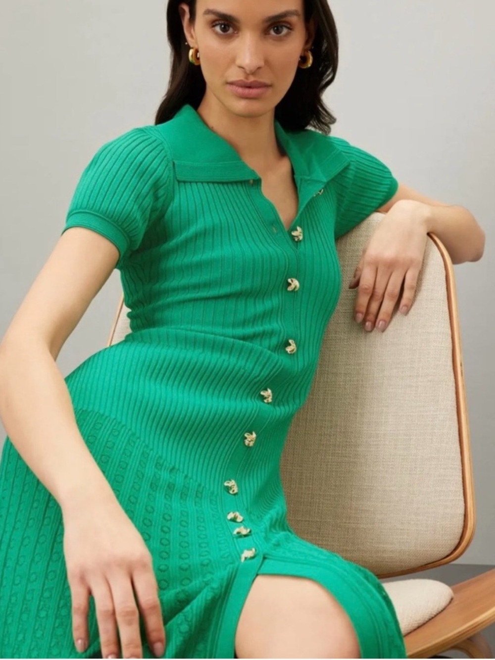 Sandro Lorel Emerald Green Ribbed Button-Front Polo Dress. Size 2 or 34! NWT - Picture 2 of 2